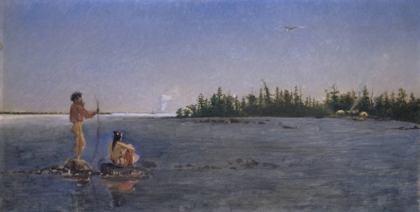 River Landscape, American Indians Fishing  by Frank Buchser - Hand-Painted Oil Painting Reproduction
