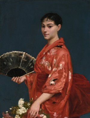 Young Woman in a Red Kimono by Frank Buchser Oil Painting