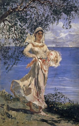 Young Woman in Full Figure at a Lake-shore by Frank Buchser Oil Painting