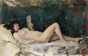 Young Woman Lying on a Bed and Reading by Frank Buchser Oil Painting