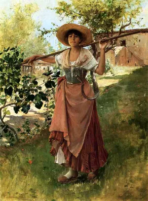 Girl with Rake by Frank Duveneck Oil Painting
