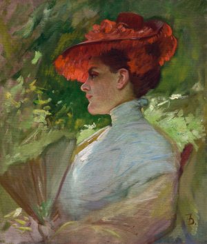 Lady with a Red Hat by Frank Duveneck Oil Painting