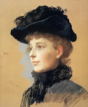 Portrait of a Woman with Black Hat by Frank Duveneck - Oil Painting Reproduction