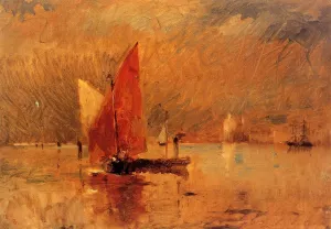 Red Sail in the Harbor at Venice by Frank Duveneck Oil Painting