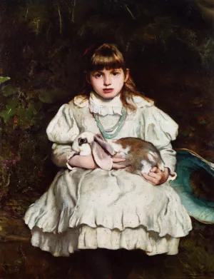Portrait of a Young Girl Holding a Pet Rabbit painting by Frank Holl