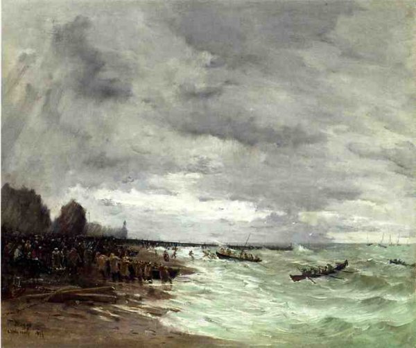 Beaching the Boats at Grandcamps, Normandy by Frank Myers Boggs - Hand-Painted Oil Painting Reproduction