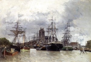 Dordrecht Harbor with Shipping and Cathedral