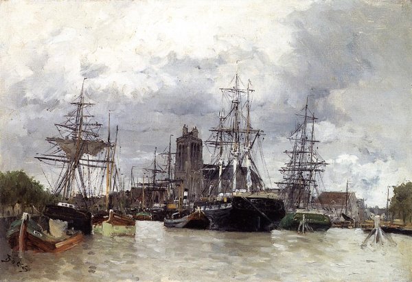 Dordrecht Harbor with Shipping and Cathedral by Frank Myers Boggs - Hand-Painted Oil Painting Reproduction