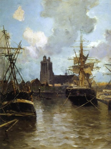Dordrecht Harbor by Frank Myers Boggs - Hand-Painted Oil Painting Reproduction