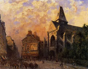 Scene of a Street in front of the Church of Saint-Medard, Paris by Frank Myers Boggs - Oil Painting Reproduction