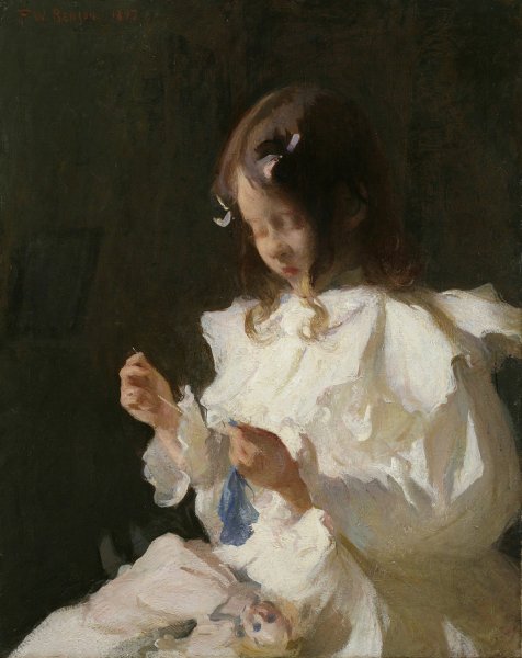 Portrait of a Child Sewing  by Frank Weston Benson   - Hand-Painted Oil Painting Reproduction
