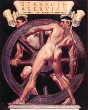 Strength and Service Turning the Wheel of Progress by Frank Xavier Leyendecker - Oil Painting Reproduction