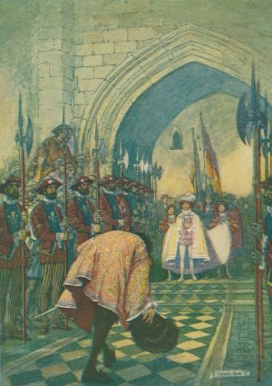 He turned, doffed his plumed cap, bent his body in low reverence, and began to step backward by Franklin Booth Oil Painting