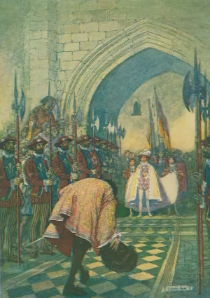 He turned, doffed his plumed cap, bent his body in low reverence, and began to step backward by Franklin Booth Oil Painting