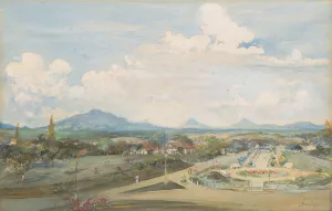 Tillemaplein te Semarang met op de achtergrond de vulkanen Sindoro en Soembing Oil painting by Frans Bakker