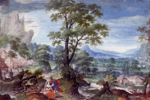 An Extensive Wooded Valley with Judah and Tamar in the Foreground Oil painting by Frans Boels