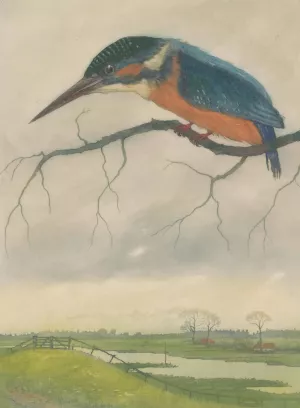 IJsvogel op een tak in een weidelandschap Oil painting by Frans Everbag