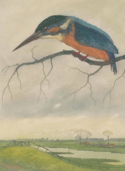 IJsvogel op een tak in een weidelandschap  by Frans Everbag - Hand-Painted Oil Painting Reproduction