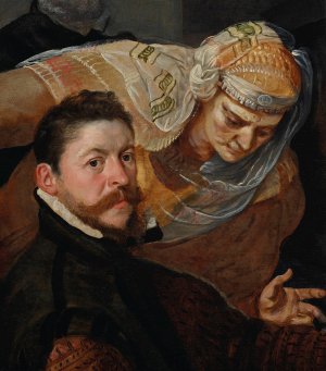 Portrait of an artist, seated, with a woman leaning over his shoulder by Frans Floris Oil Painting