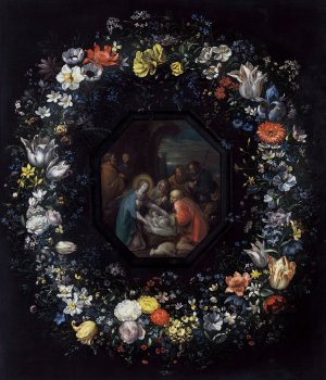 Garland of Flowers with Adoration of the Shepherds by Frans Francken The Younger Oil Painting