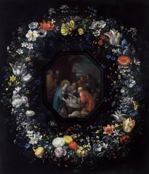 Garland of Flowers with Adoration of the Shepherds by Frans Francken The Younger Oil Painting