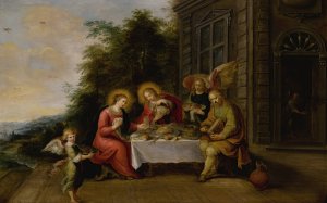 The Holy Family Dining Outdoors While Served By Angels by Frans Francken The Younger Oil Painting