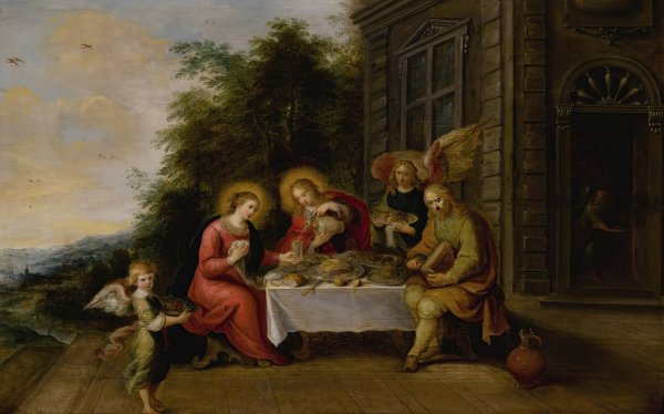 The Holy Family Dining Outdoors While Served By Angels by Frans Francken The Younger - Hand-Painted Oil Painting Reproduction