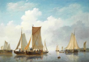 Estuary With Vessels In Calm Water by Frans Jacobus Van Den Blyk Oil Painting