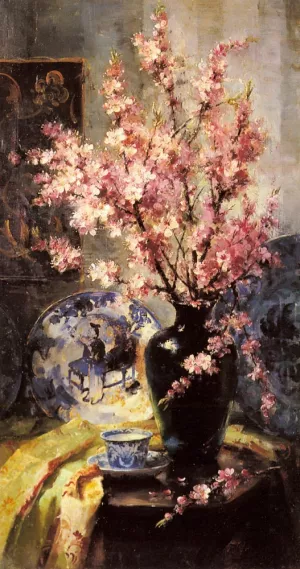 Apple Blossoms and Blue and White Porcelain on a Table by Frans Mortelmans - Oil Painting Reproduction