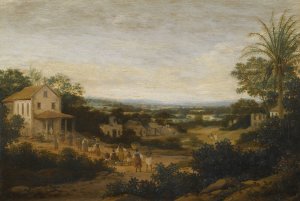 A Landscape In Brazil Looking Down On The Varzea, Europeans And Natives Approaching A Church In The Foreground by Frans Post Oil Painting