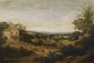 A Landscape In Brazil Looking Down On The Varzea, Europeans And Natives Approaching A Church In The Foreground by Frans Post Oil Painting