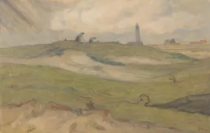 Duinlandschap met vuurtoren en nettenboeters by Frans Smissaert Oil Painting