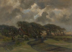 Huisje bij boomrand en vrouwen met visnetten by Frans Smissaert Oil Painting