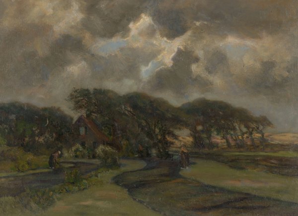 Huisje bij boomrand en vrouwen met visnetten  by Frans Smissaert - Hand-Painted Oil Painting Reproduction