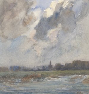 Rivierlandschap met kerktoren, bij storm by Frans Smissaert Oil Painting