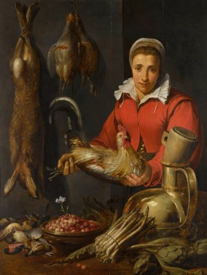 A female merchant holding a cockerel, with game, asparagus, artichokes, utensils and a bowl of wild strawberries by Frans Snyders Oil Painting