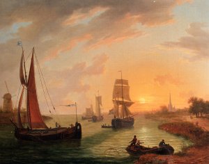 An Estuary with warious Shipping at Sunset by Frans Swager Oil Painting