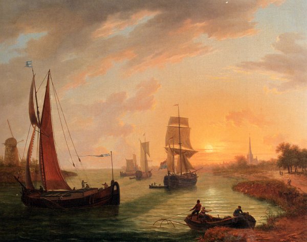 An Estuary with warious Shipping at Sunset by Frans Swager - Hand-Painted Oil Painting Reproduction