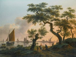 Landscape with an estuary, with shipping on the water and figures on the path in the foreground by Frans Swagers Oil Painting