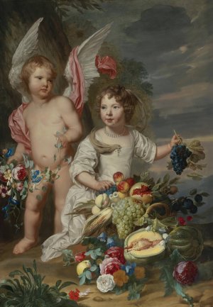 A Young Girl With An Angel In A Landscape by Frans Van Everbroeck Oil Painting