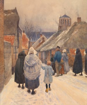 Sunday morning in Wintertime by Frans Van Leemputten Oil Painting