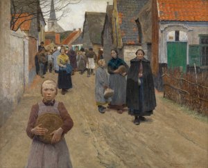 The Distribution of Bread in the Village by Frans Van Leemputten Oil Painting