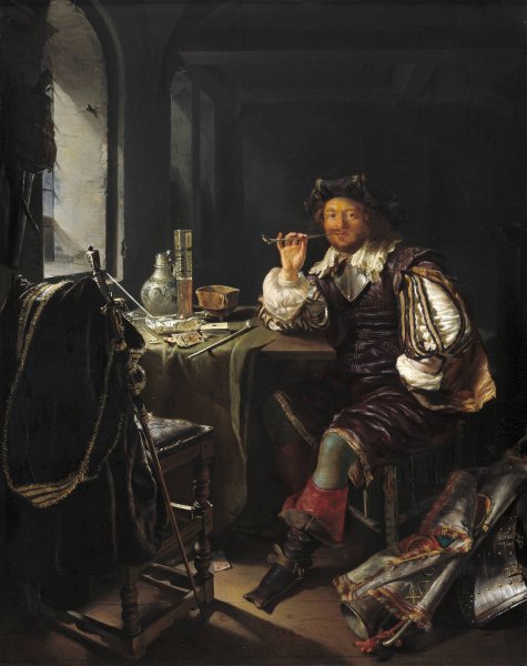 Main Product Photo of A Soldier Smoking a Pipe  Painting by Frans Van Mieris The Elder