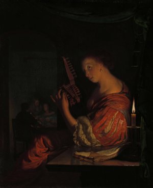 Vrouw die een teorbe stemt by Frans Van Mieris The Elder Oil Painting