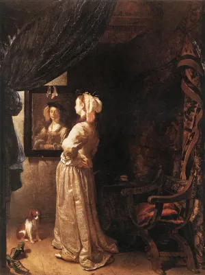 Woman Before the Mirror - Detail by Frans Van Mieris The Elder Oil Painting