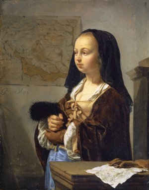 Young Woman with Feather Fan Prepared to Go Out by Frans Van Mieris The Elder Oil Painting