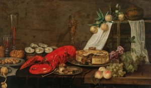 A lobster, oysters, pastry, mixed fruit and filled wine glasses on a partially draped table by Frans Ykens Oil Painting