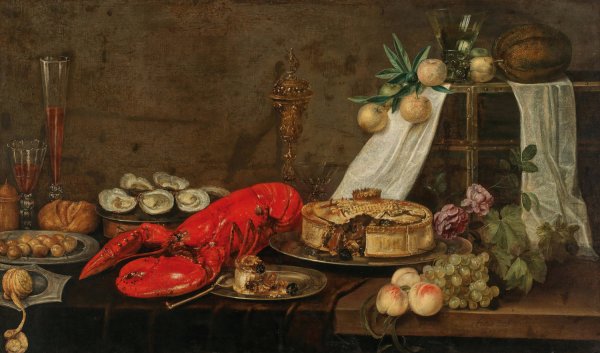 Main Product Photo of A lobster, oysters, pastry, mixed fruit and filled wine glasses on a partially draped table  Painting by Frans Ykens