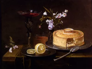 A Still Life Of A Pie And Sliced Lemon On Pewter Dishes, A Vase Of Flowers, A Glass Of Beer And A Wine Glass Upon A Partly Draped Table painting by Frans Ykens