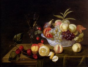 A Still Life Of Peaches, Grapes, Pomegranates, Figs And Wild Strawberries In A Wan-Li Porcelain Bowl All Resting On A Tabletop